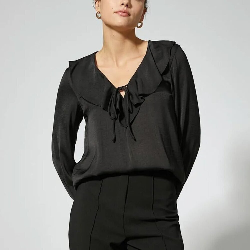 J. Crew Ruffle Neck Black Blouse Sz S